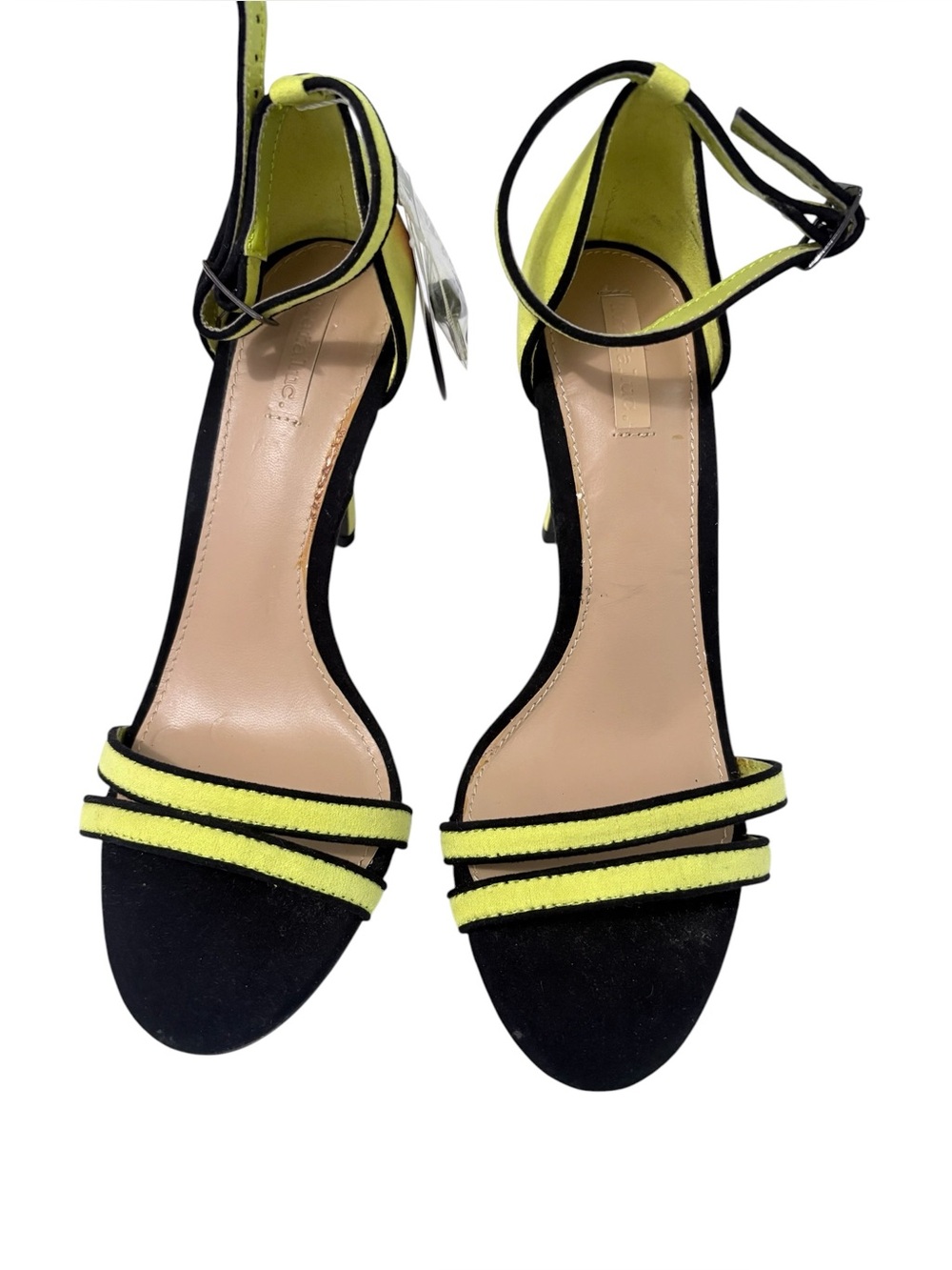 NWT Trafaluc Women’s Suede Black & Neon Yellow  Ankle‑Tie 4’’ Heels Sandals Sz 7